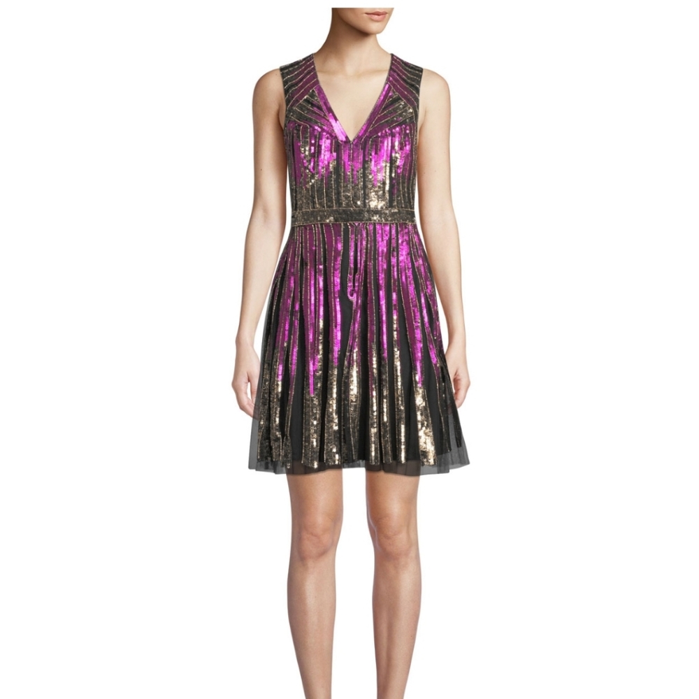 NWOT, Aidan Mattox Striped Beaded V-Neck Dress.